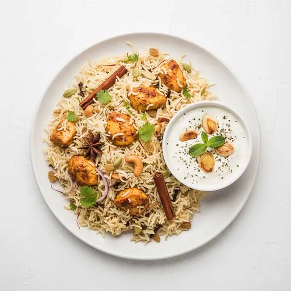 Kashmiri Chicken  Pulao With Roasted Garlic Yoghurt